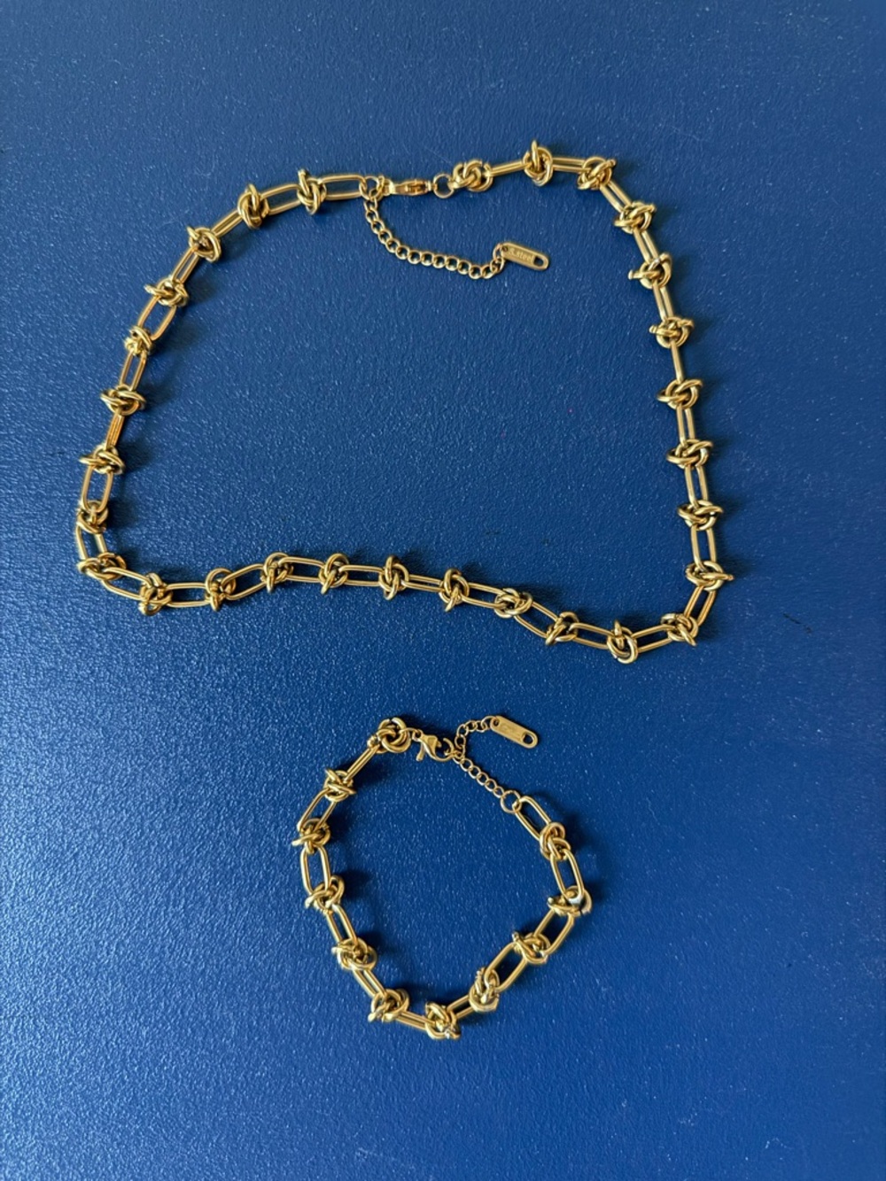 Gold Knot-Link Necklace and Bracelet Set - Women's Jewelry